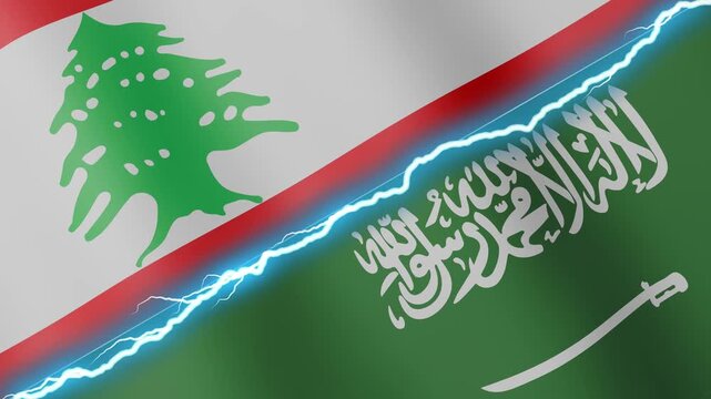 Two waving flags Lebanon and Saudi Arabia with diagonal lightning seamless, 4k loop