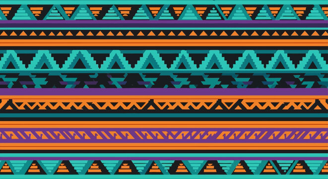 tribal pattern aztec ethnic design geometric seamless background featuring vibrant colorful stripes ideal for decorative textile or bohemian backdrops.