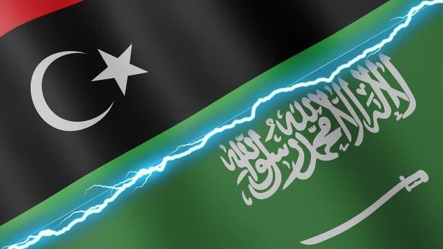 Two waving flags Libya and Saudi Arabia with diagonal lightning seamless, 4k loop