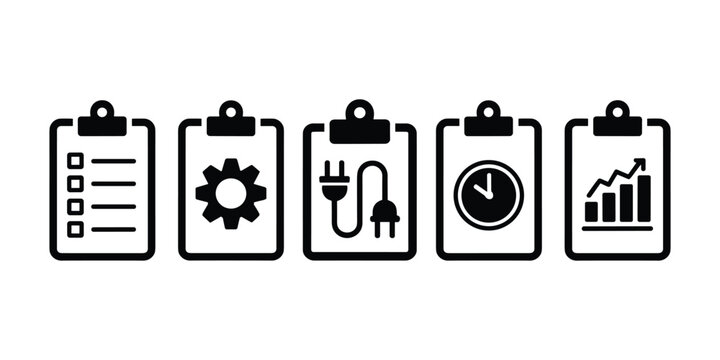 Black and white clipboard with checklist gear plug clock and graph