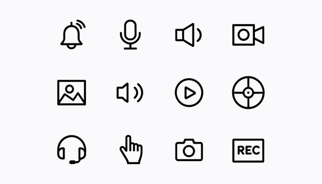 Black and white line for multimedia and recording black line white background multimedia symbols recording bell