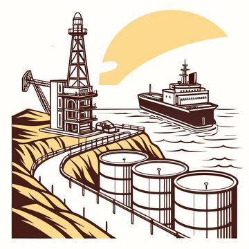 oil rig and tanker ship landscape industrial illustration in retro style