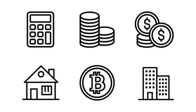 Black line of calculator coins dollars house bitcoin buildings vector illustration isolated on white background.