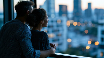Naklejka premium A silhouetted couple looks out at a calm panoramic city skyline from a bright soft hotel balcony balcony view faceless silhouettes blurred backdrop city skyline hotel