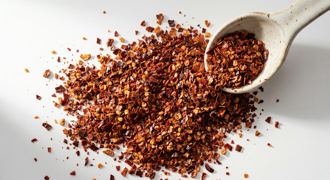 Pile of raw dried Aleppo pepper flakes on white background