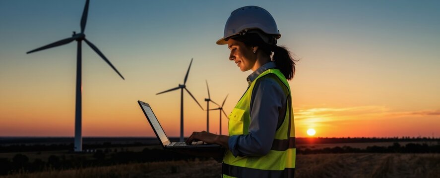 Smiling woman in hard hat and safety vest checks laptop by wind turbines at sunset. She works on renewable energy project. Woman inspects wind farm operation.