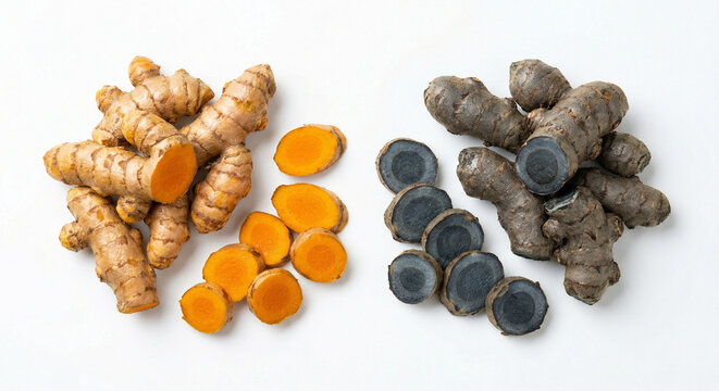 Fresh whole and sliced turmeric roots on white background