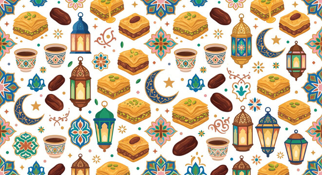 Ramadan Kareem seamless pattern, Islamic food and lanterns, Eid Mubarak vector design, colorful Arabic sweets and coffee