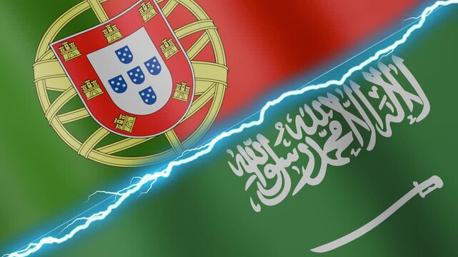 Two waving flags Portugal and Saudi Arabia with diagonal lightning seamless, 4k loop