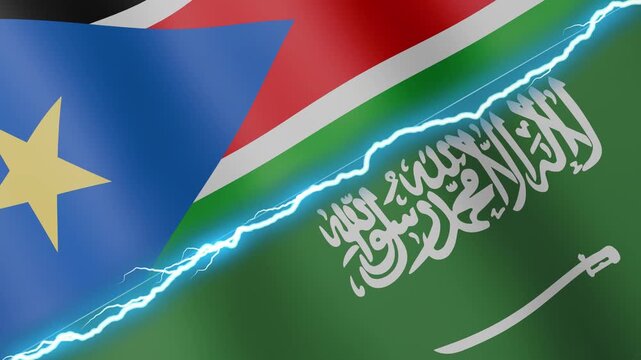 Two waving flags South Sudan and Saudi Arabia with diagonal lightning seamless, 4k loop
