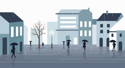 Rainy City Square with People Holding Umbrellas and Reflections © Aji