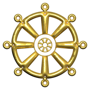 Beautiful 3D golden Dharma Chakra symbol isolated on a pure white background. Realistic gold Buddhist wheel of dhamma vector illustration.
