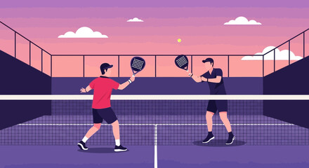 Obraz premium Dynamic Padel Match: Active Men Competing Against Spectacular Sunset Sky Backdrop