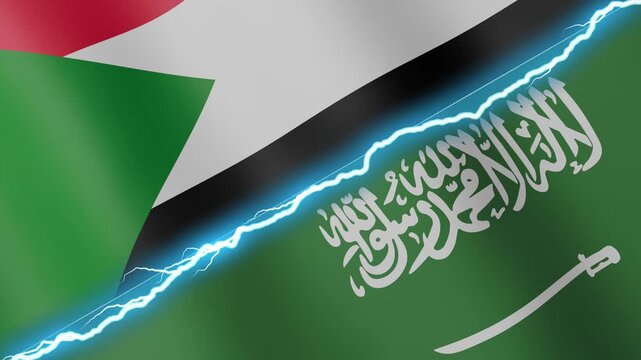 Two waving flags Sudan and Saudi Arabia with diagonal lightning seamless, 4k loop