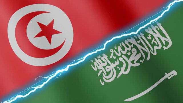 Two waving flags Tunisia and Saudi Arabia with diagonal lightning seamless, 4k loop