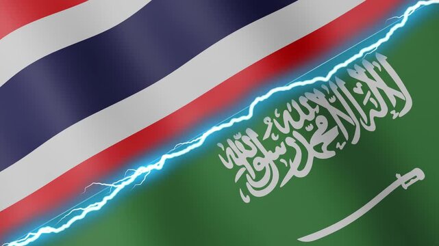 Two waving flags Thailand and Saudi Arabia with diagonal lightning seamless, 4k loop