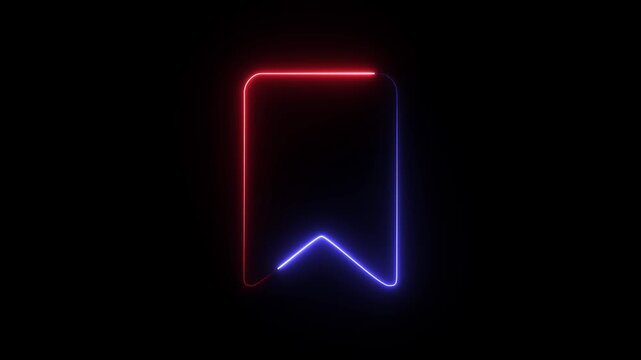 A stylized 3D bookmark icon featuring glowing neon red and blue lines against a dark background.