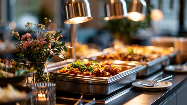 A buffet glows softly with calm hot and cold dishes in a bright hotel restaurant during gentle dinner service hotel buffet faceless still modern facility daylight workspace