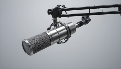 Fototapeta premium Professional Studio Condenser Microphone with Shock Mount on Boom Arm – High-Quality Audio Recording Equipment for Podcasting, Streaming, Voiceover and Music Production Isolated on Clean Background
