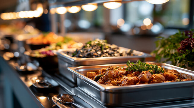 A buffet glows softly with calm hot and cold dishes in a bright hotel restaurant during gentle dinner service hotel buffet faceless still modern facility daylight workspace