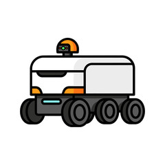 Naklejka premium Autonomous delivery robot with multiple wheels and sensors for efficient navigation and transport.