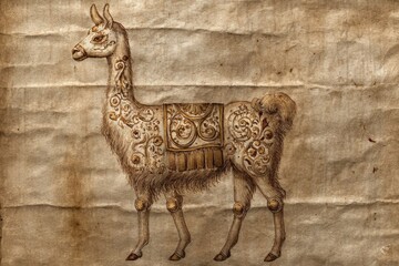 Fototapeta premium Illustration of a Decorative Llama on Aged Paper Background, Vintage Style