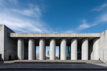 Obraz premium A modern concrete building facade featuring large cylindrical columns with an open-air walkway. The sky is blue with scattered clouds