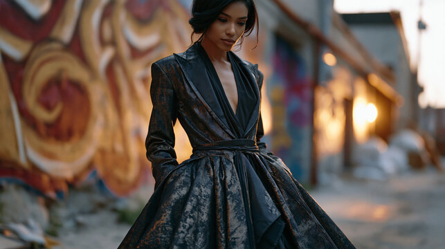 A solitary figure in a deconstructed suit-skirt hybrid stands before a graffiti mural in a city alleyway, dusk light catching metallic thread details, perfect for gender fluid fashion, urban editori