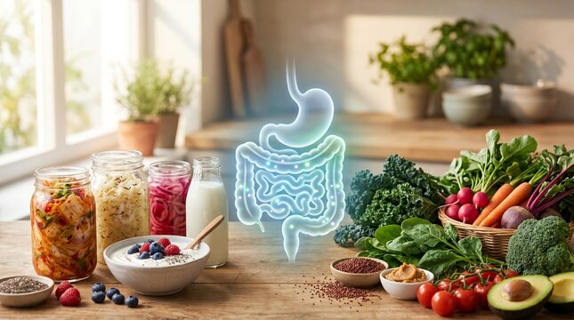 A healthy food spread on a wooden kitchen table featuring fermented foods, yogurt, berries, and green vegetables, with a glowing digital illustration of the human digestive tract (gut microbiom)