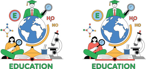 Naklejka premium Global Education Concept Vector Illustration with School, Science, Geography and Learning Elements for Academic and Teaching Design Projects