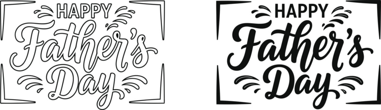 Happy Fathers Day typography designs with decorative frames and swirls