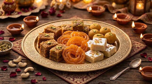 Assorted traditional Indian sweets mithai on golden plate with burning oil lamps diya and rose petals on wooden background for Diwali festival celebration with warm soft lighting.