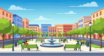 Urban park square with fountain, benches, trees and people enjoying sunny day © Andi