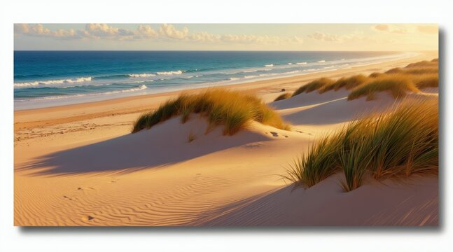 Sandy dunes with tall grass border calm sea under warm evening sun. Ocean waves gently wash on shore near sandy beach landscape. Coastal nature scene unfolds.