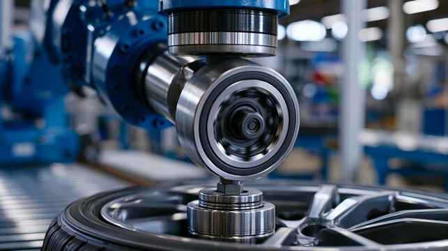 Automotive assembly torque robot tightening wheel bolts in a precise sequence, close-up of socket tool spinning, blue painted robot arm against white booth, idle conveyor stretching into background,