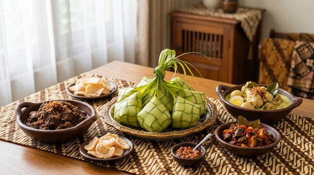 Traditional Indonesian Eid al-Fitr festive meal featuring ketupat rice cakes beef rendang and chicken curry opor ayam served on batik tablecloth with soft natural window lighting for religious celebra