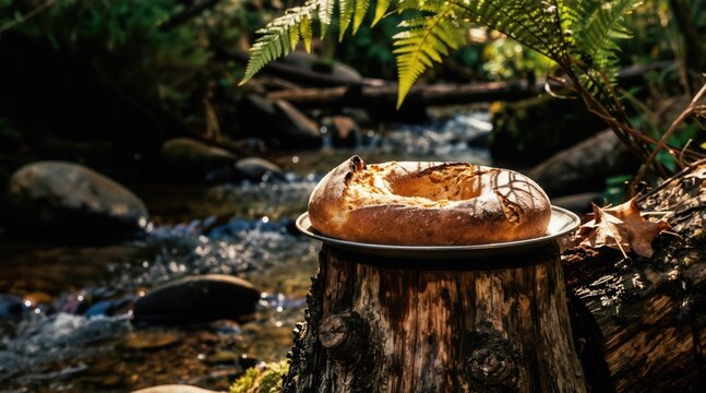 Freshly baked ring bread rests on tree stump by flowing forest stream. Sunlight streams through green fern leaves onto rustic pastry outdoors. Peaceful nature picnic scene.