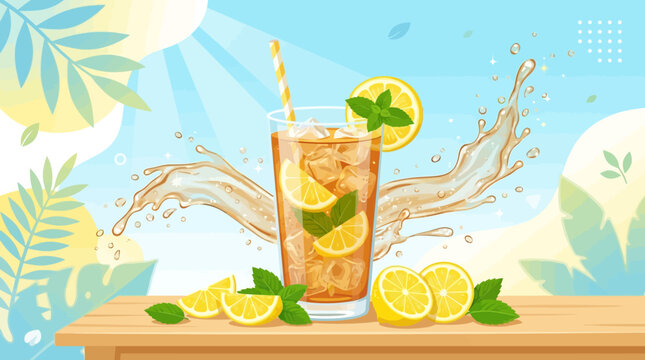 Refreshing iced tea with lemon and mint on a wooden table, set against a vibrant summer background with splashes and stylized leaves.