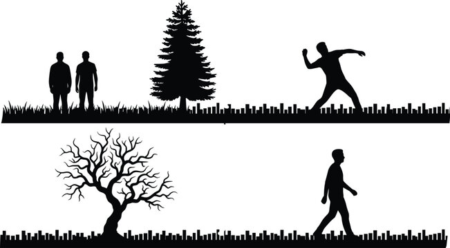 Vector silhouettes of outdoor park activities featuring men walking throwing objects pine tree and bare tree isolated on white background (20 words)