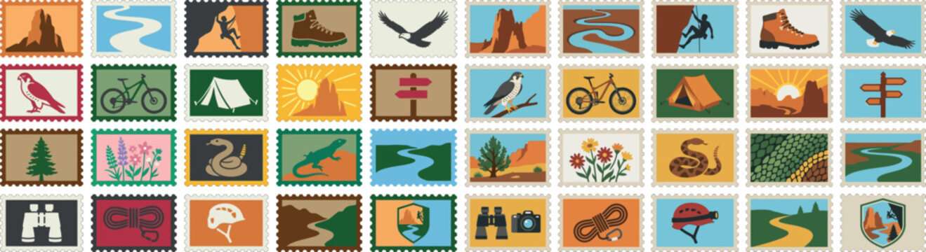 Smith Rock State Park Oregon Stamp Set with Outdoor Adventure and Wildlife Icons