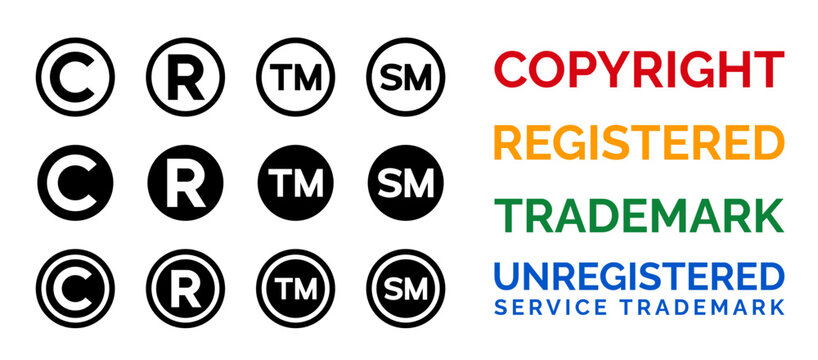 Intellectual property icon set. Registered, trademark, copyright, unregistered trademark, legal protection, R, TM, C, SM, and service mark symbols collection. Vector illustration