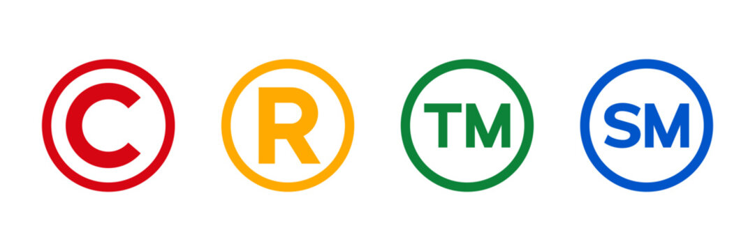 Intellectual property law icon set with registered, trademark, copyright, unregistered trademark, and service mark symbols. Vector illustration transparent background
