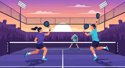 Fototapeta premium Dynamic Padel Match Illustration Depicting Athletes Playfully Competing with Sunset Backdrop