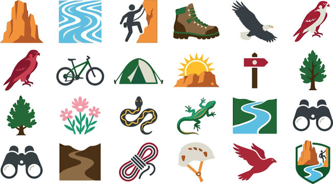 Smith Rock State Park Oregon Adventure Icons with Hiking, Camping, and Wildlife