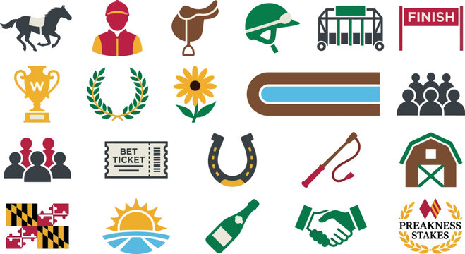 Preakness Stakes Icon Collection with Horse Racing, Jockeys, and Competition Symbols