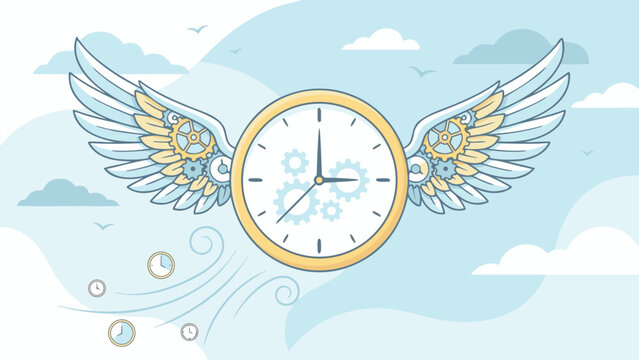 Time Flies Concept Illustration with a Large Clock with Wings Flying in the Sky, Flat Vector Art Metaphor for Deadline, Productivity, and Time Management, Clean Light Blue Background with Clouds.