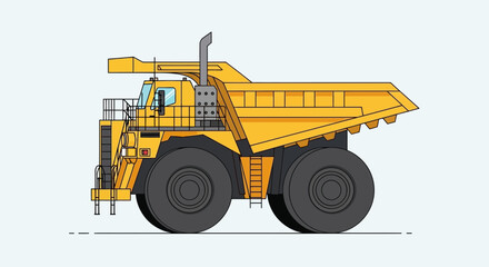 Yellow mining dump truck, heavy machinery, industrial vehicle, construction equipment, side view, flat design © Andry