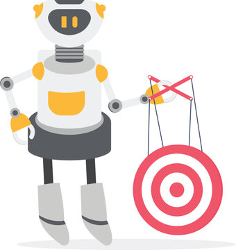 AI robot controlling red target board with puppet strings