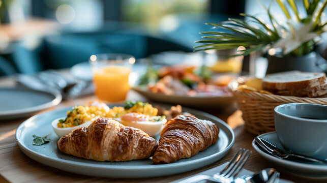 A delicious hotel breakfast spread features soft eggs croissants and juice on a bright dining table in calm morning light hotel breakfast faceless still modern facility soft