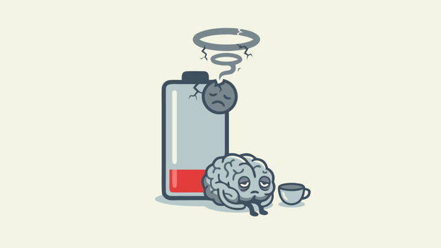 Exhausted Brain Character Sitting by a Low Battery with Red Power Level, Flat Vector Illustration Representing Mental Burnout, Chronic Fatigue, Stress, and Lack of Energy, Minimalist Concept Art.